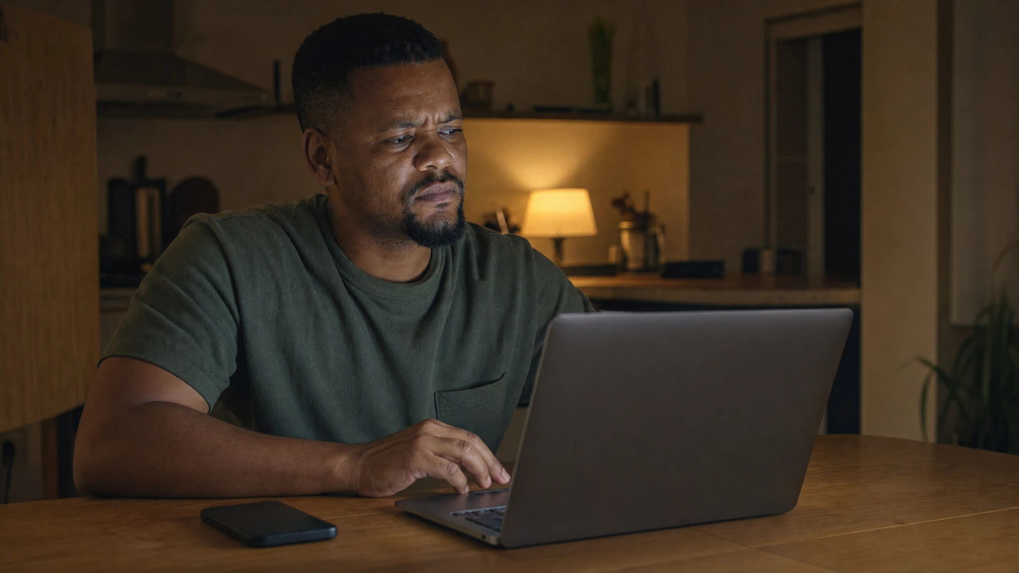 Buying Mounjaro online safely: man researching sellers cautiously on his laptop in the evening