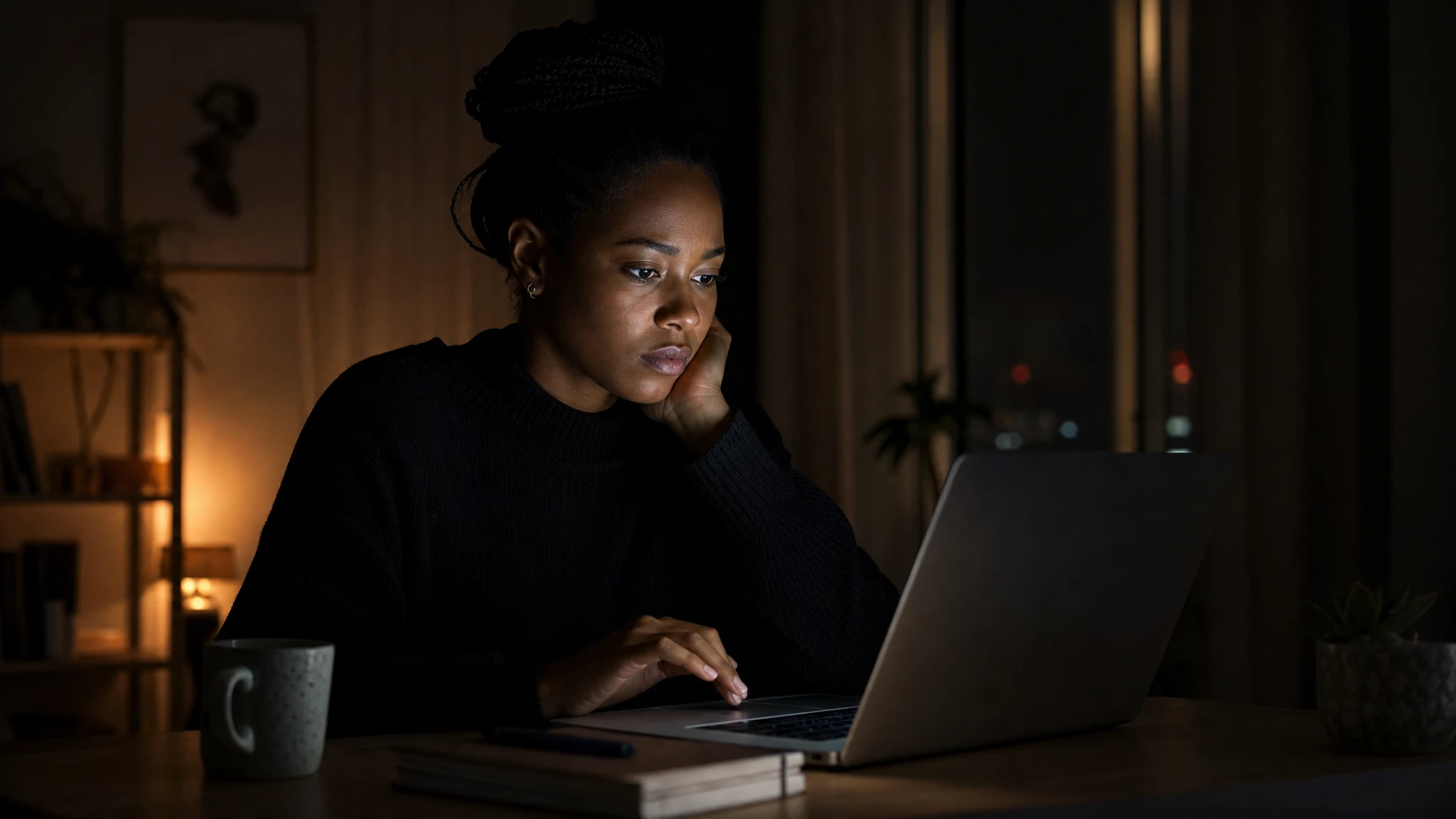 Buying Ozempic online safely: woman researching carefully on her laptop at night