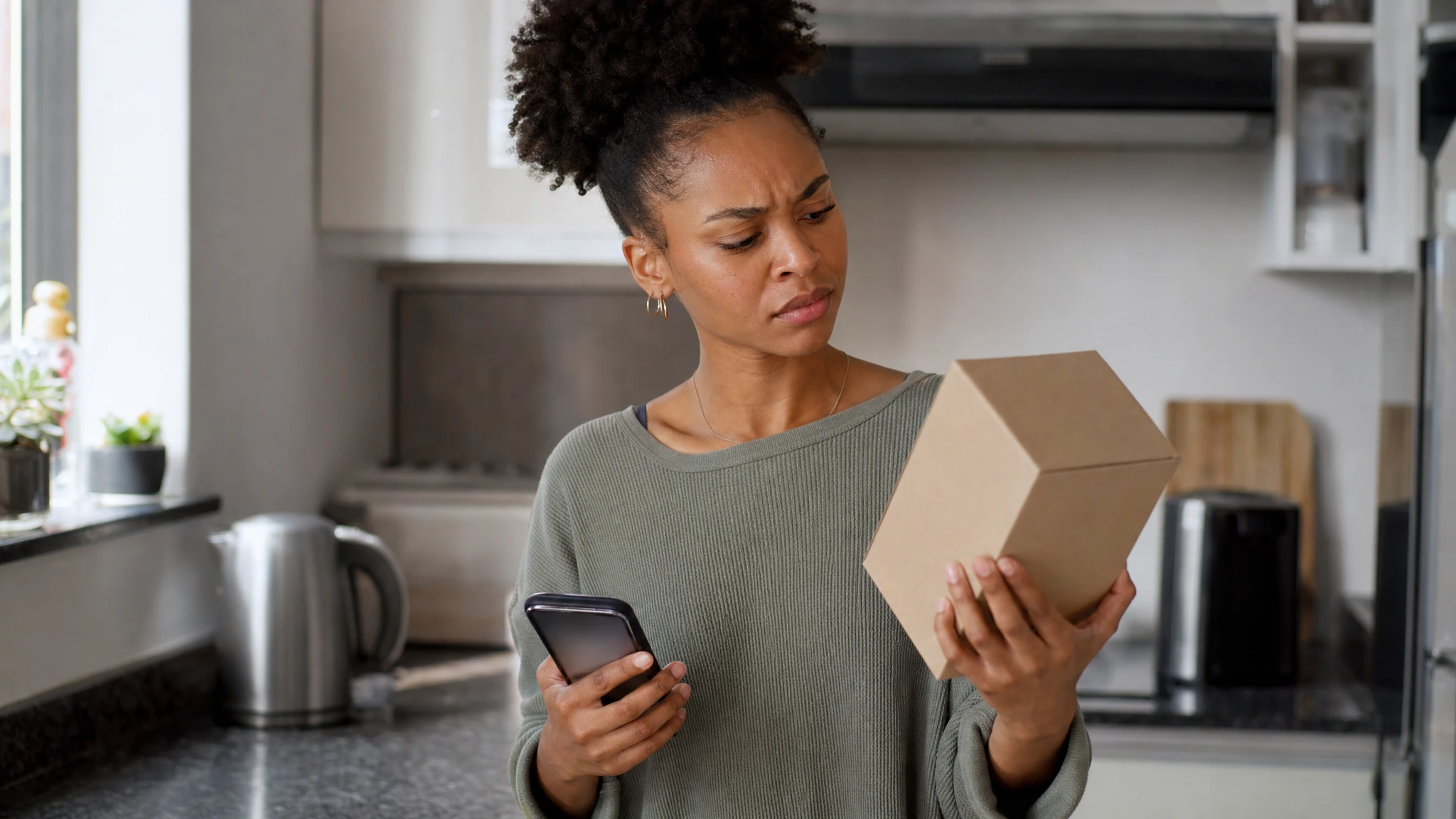 Compounded GLP-1 South Africa: woman inspecting an unmarked courier parcel with phone in hand