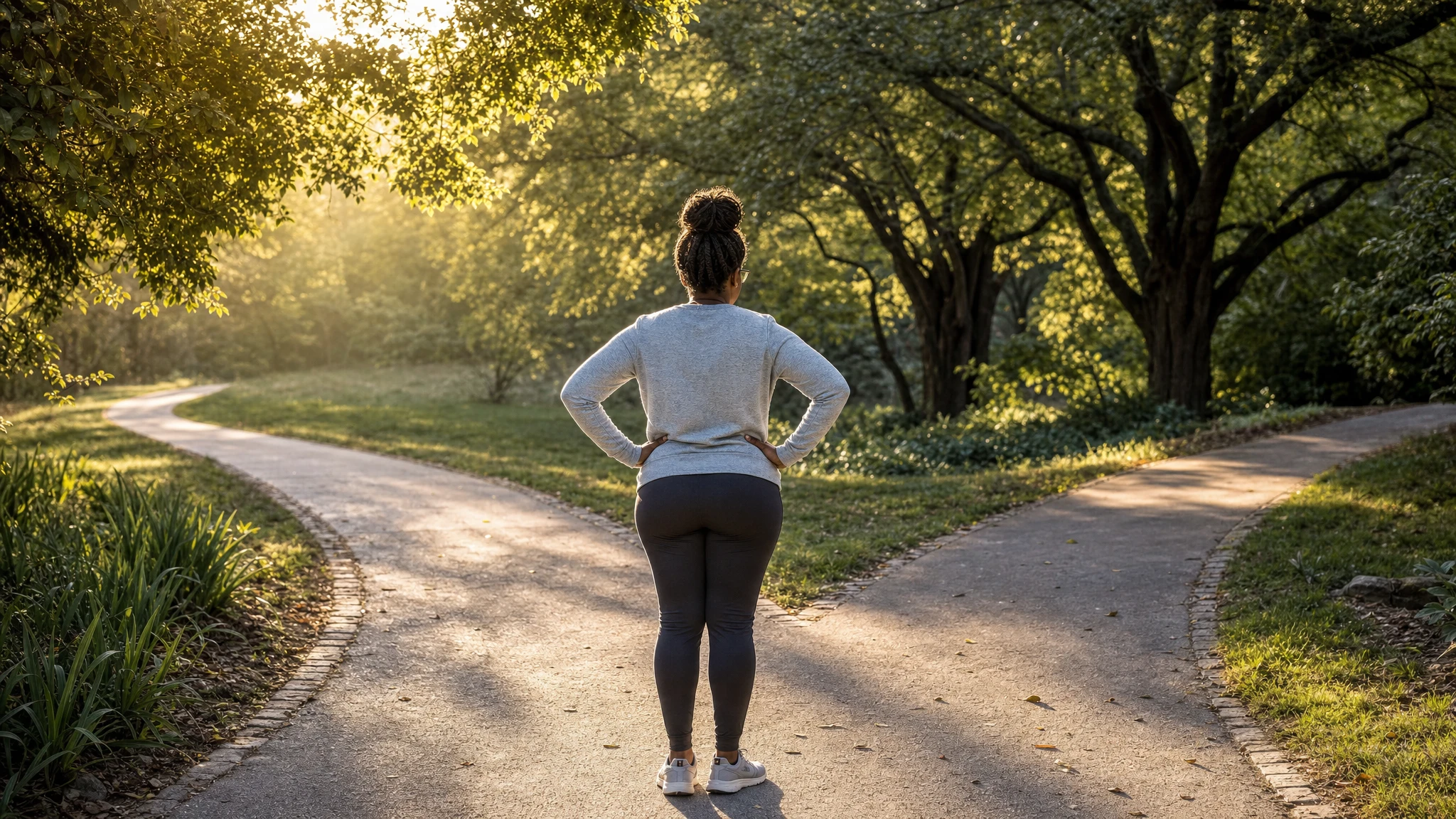 Duromine vs GLP-1: woman pausing where a leafy park path splits into two directions