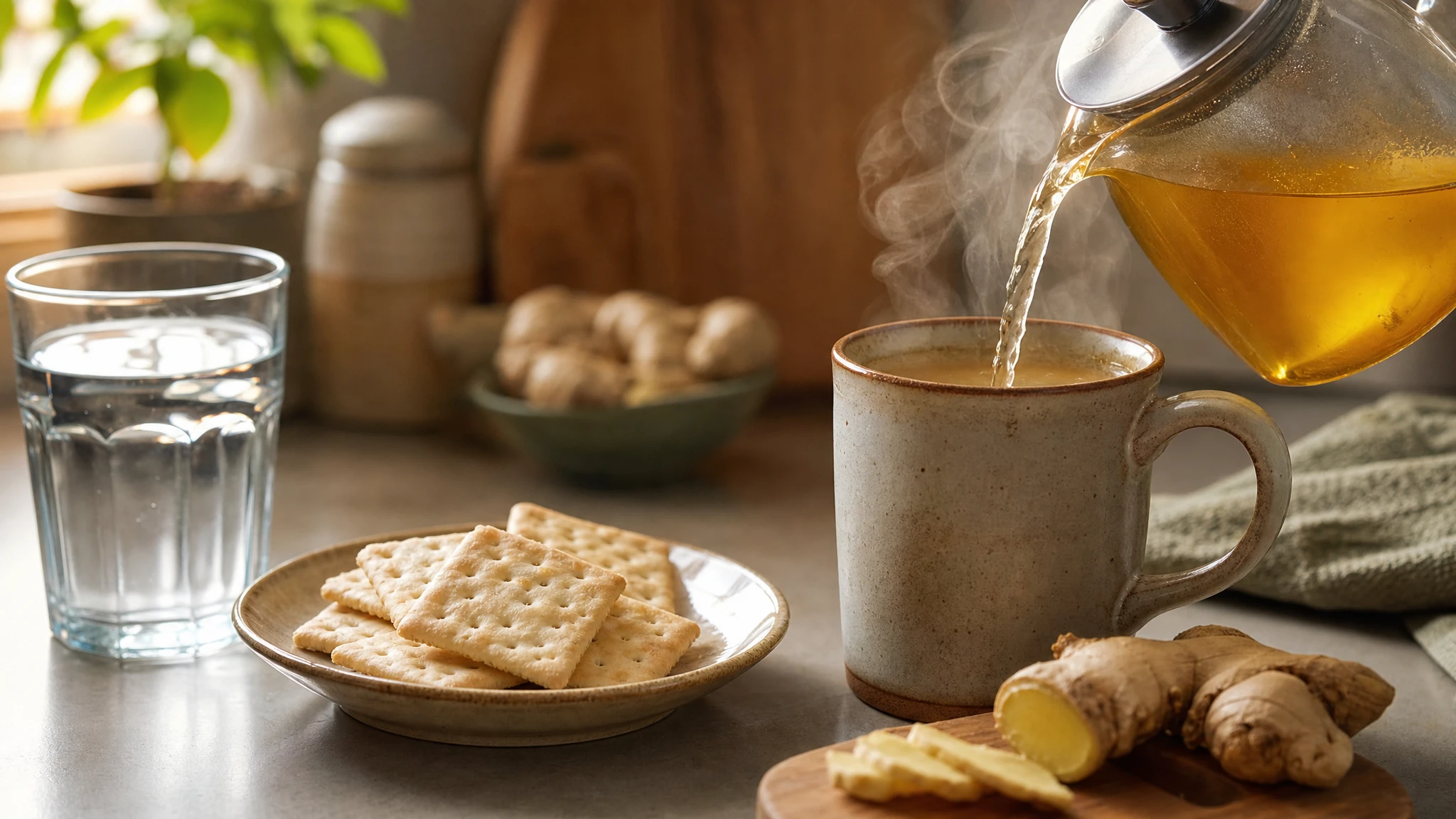 Managing GLP-1 side effects: ginger tea poured beside crackers and water