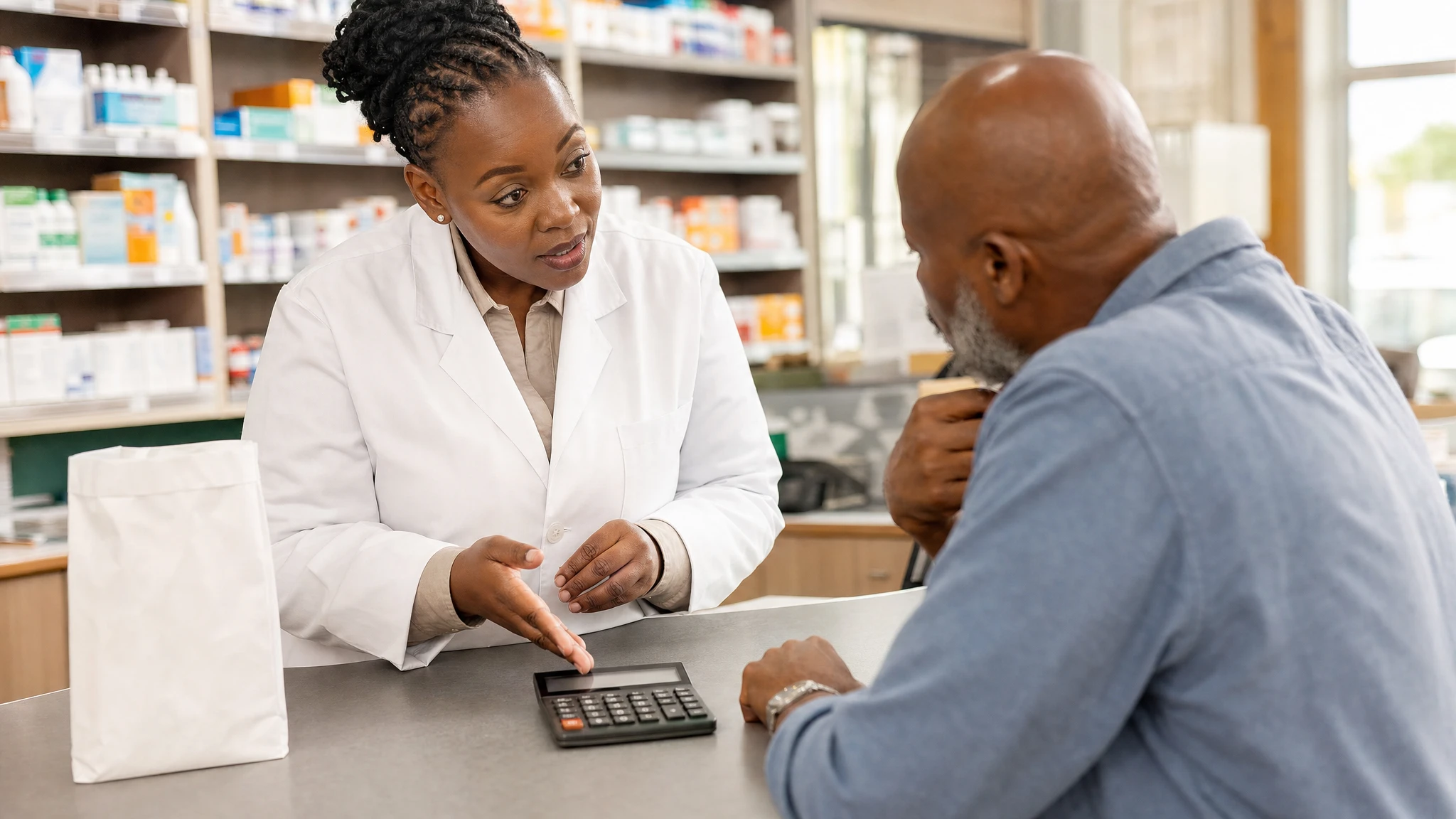 Mounjaro price South Africa: pharmacist explaining monthly medicine costs on a calculator