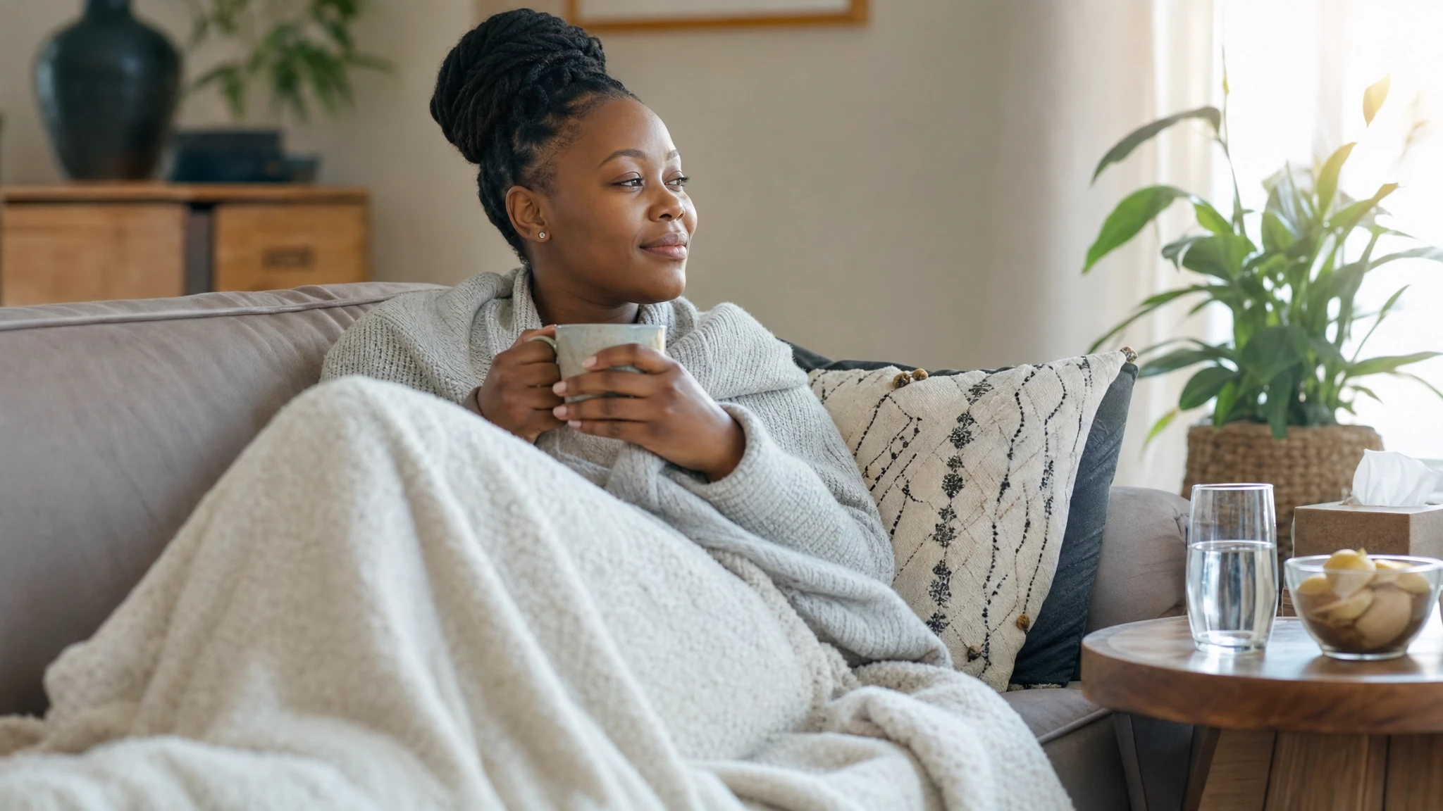 Mounjaro side effects: woman resting at home with ginger tea and water