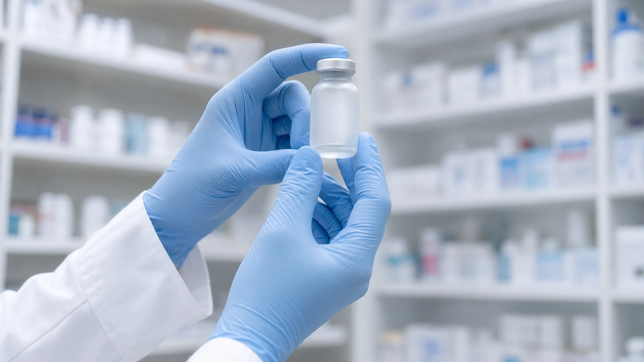 Mounjaro vial vs pen: pharmacist inspecting a plain medicine vial in the dispensary