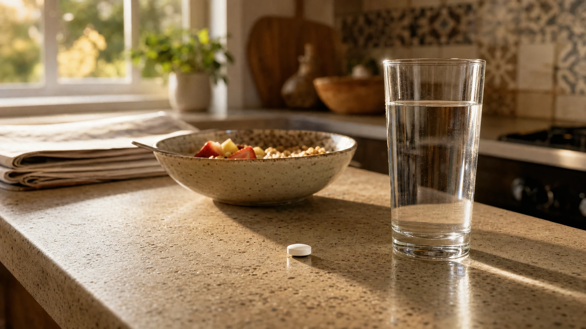 Orforglipron South Africa: white tablet and glass of water on a sunlit kitchen counter