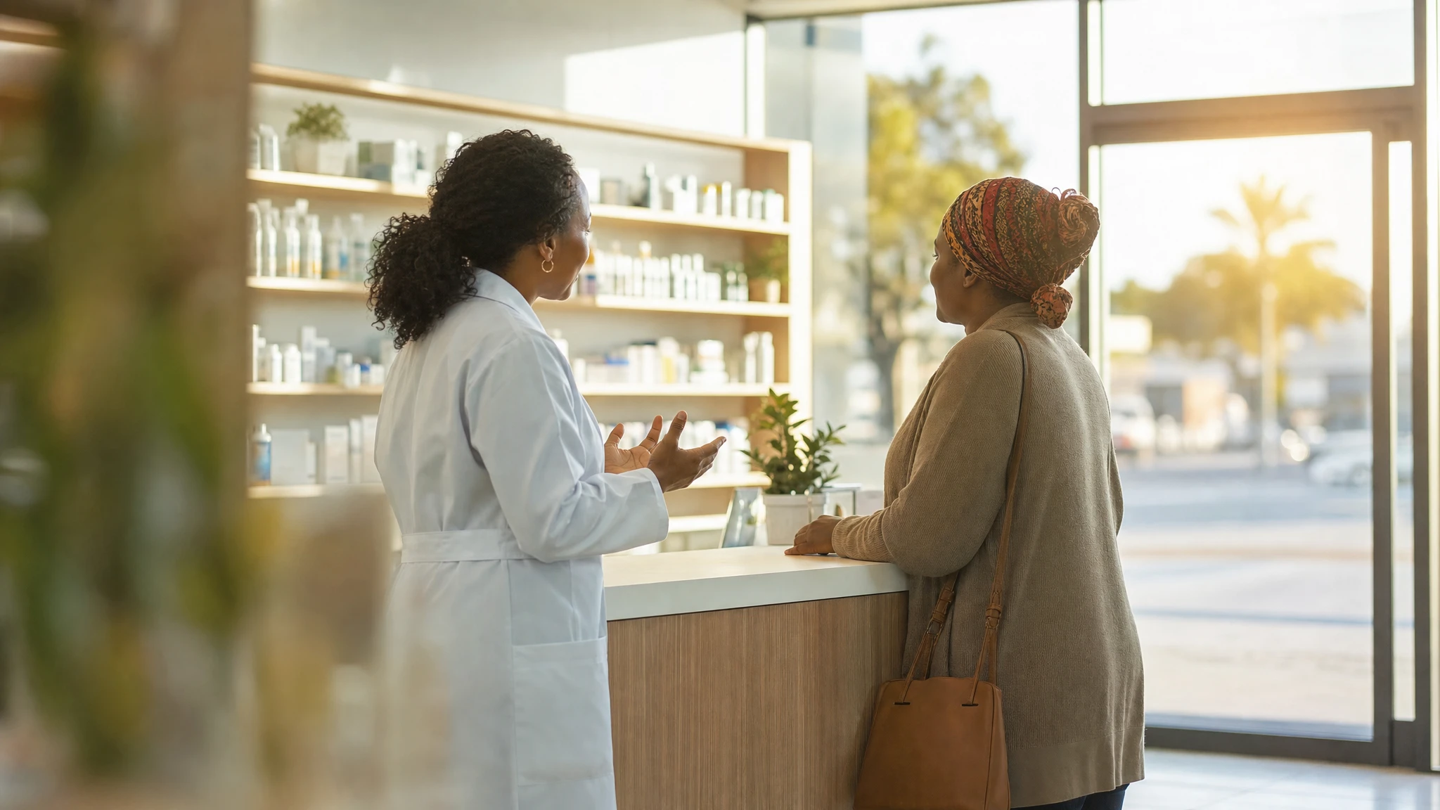 Orlistat South Africa: pharmacist and customer talking at a sunlit community pharmacy counter