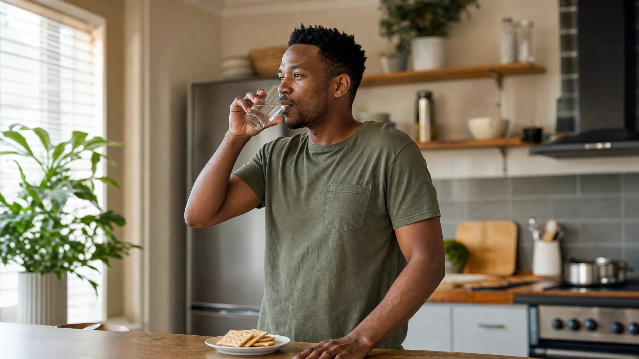 Ozempic side effects: man sipping water at his kitchen counter, plain crackers nearby