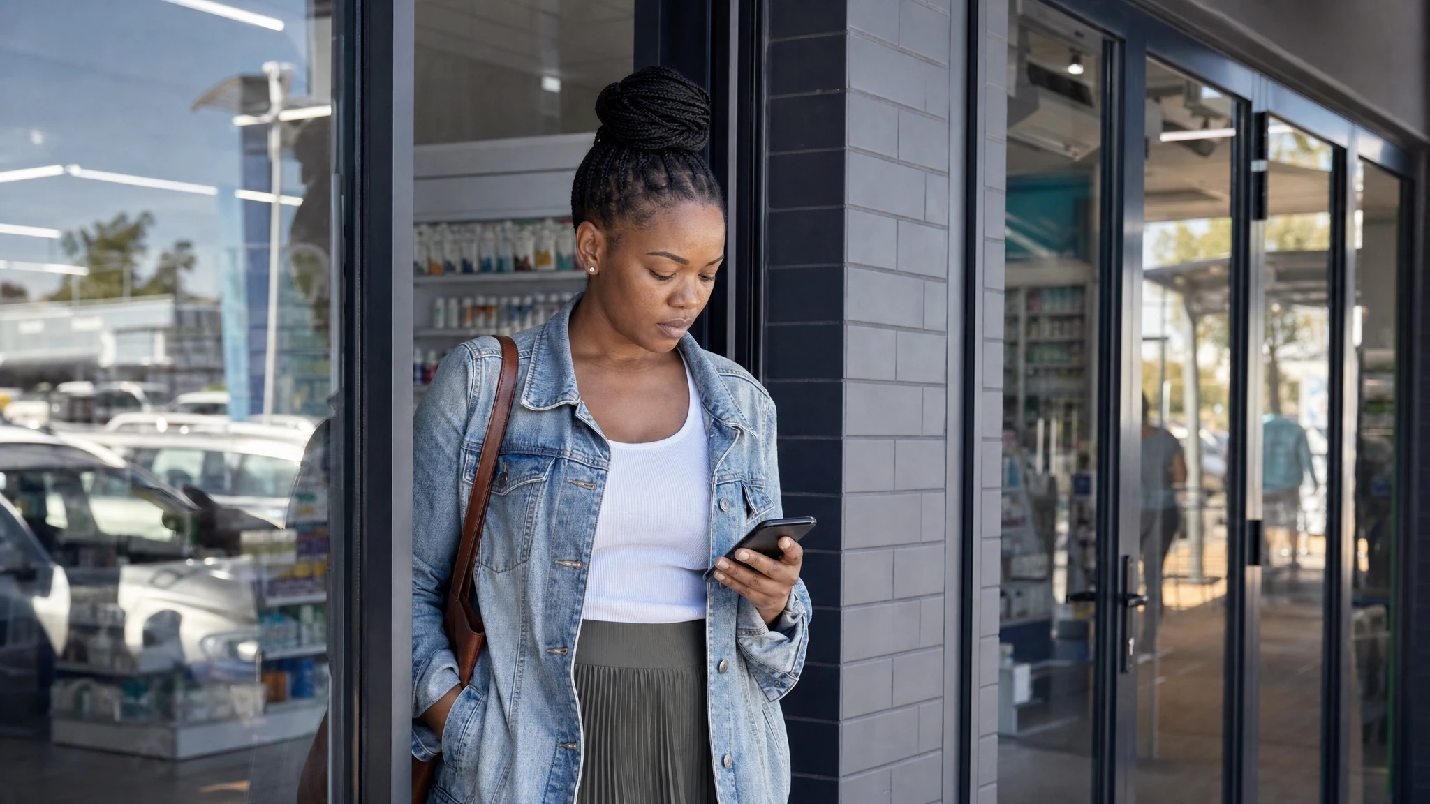 Ozempic availability in South Africa: shopper checking her phone outside a pharmacy