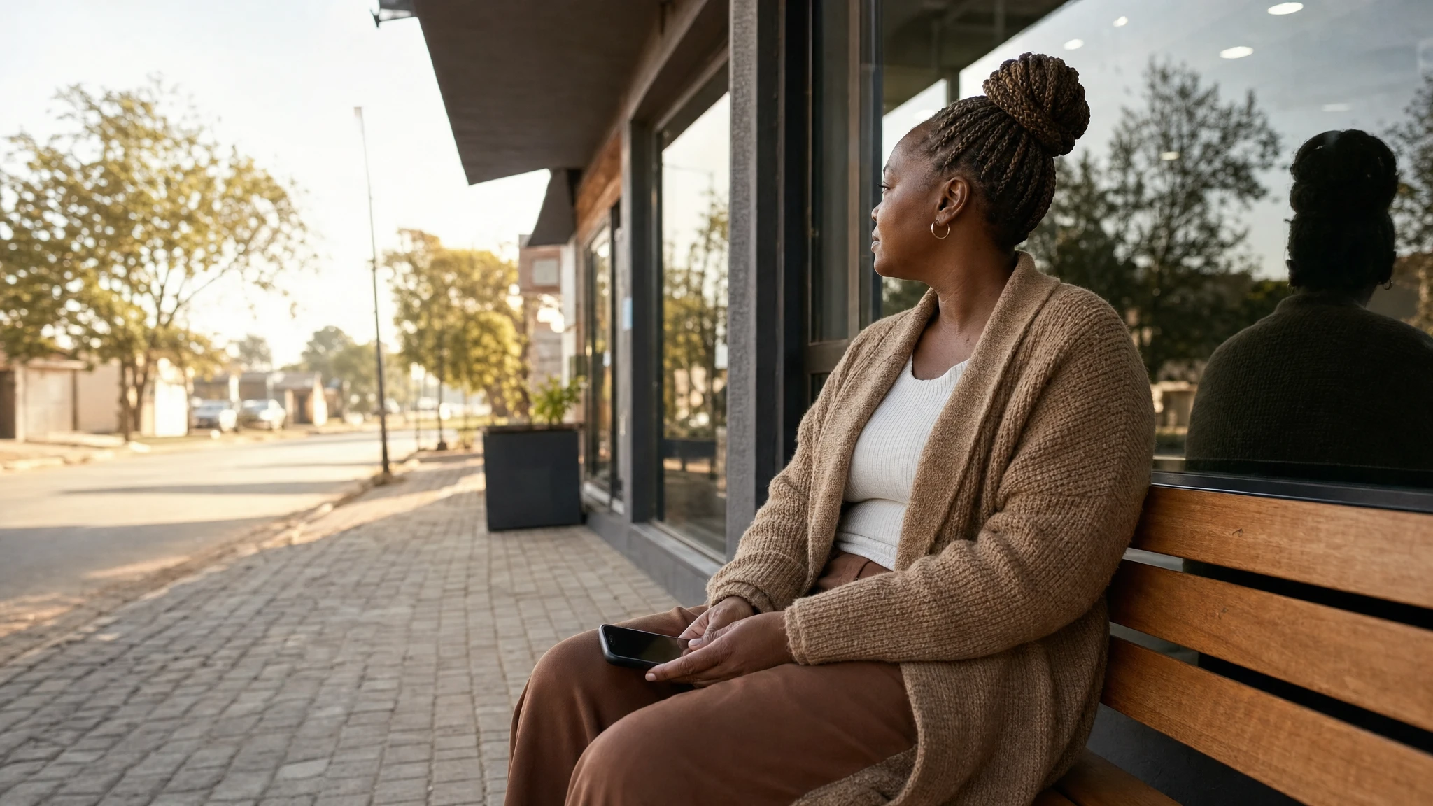 Retatrutide South Africa: patient waiting on a bench outside a Johannesburg pharmacy in warm morning light