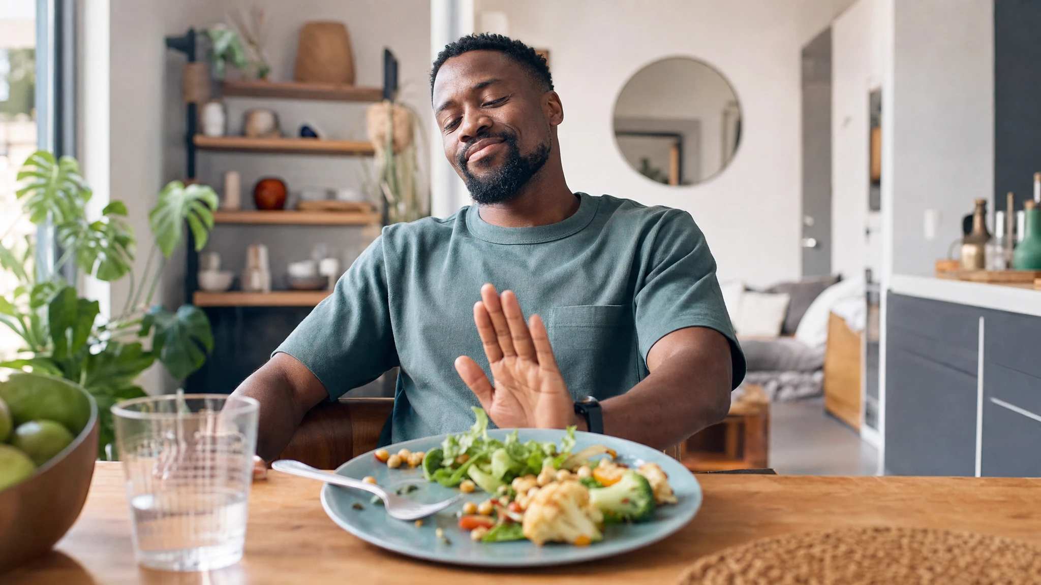 Semaglutide explained: man feeling comfortably full after a smaller meal