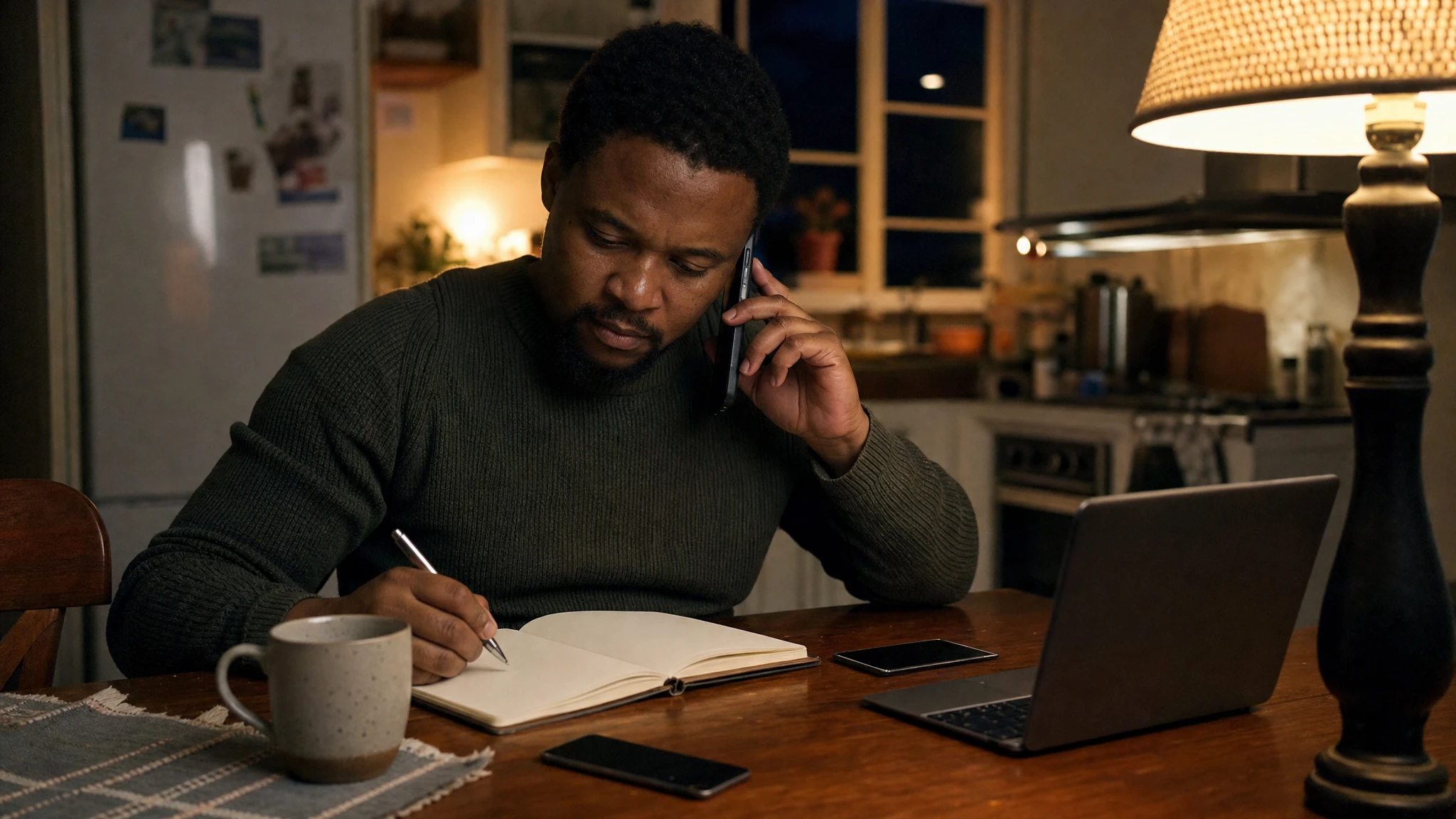 Semaglutide price South Africa: man on a phone call noting pharmacy quotes in a notebook at home