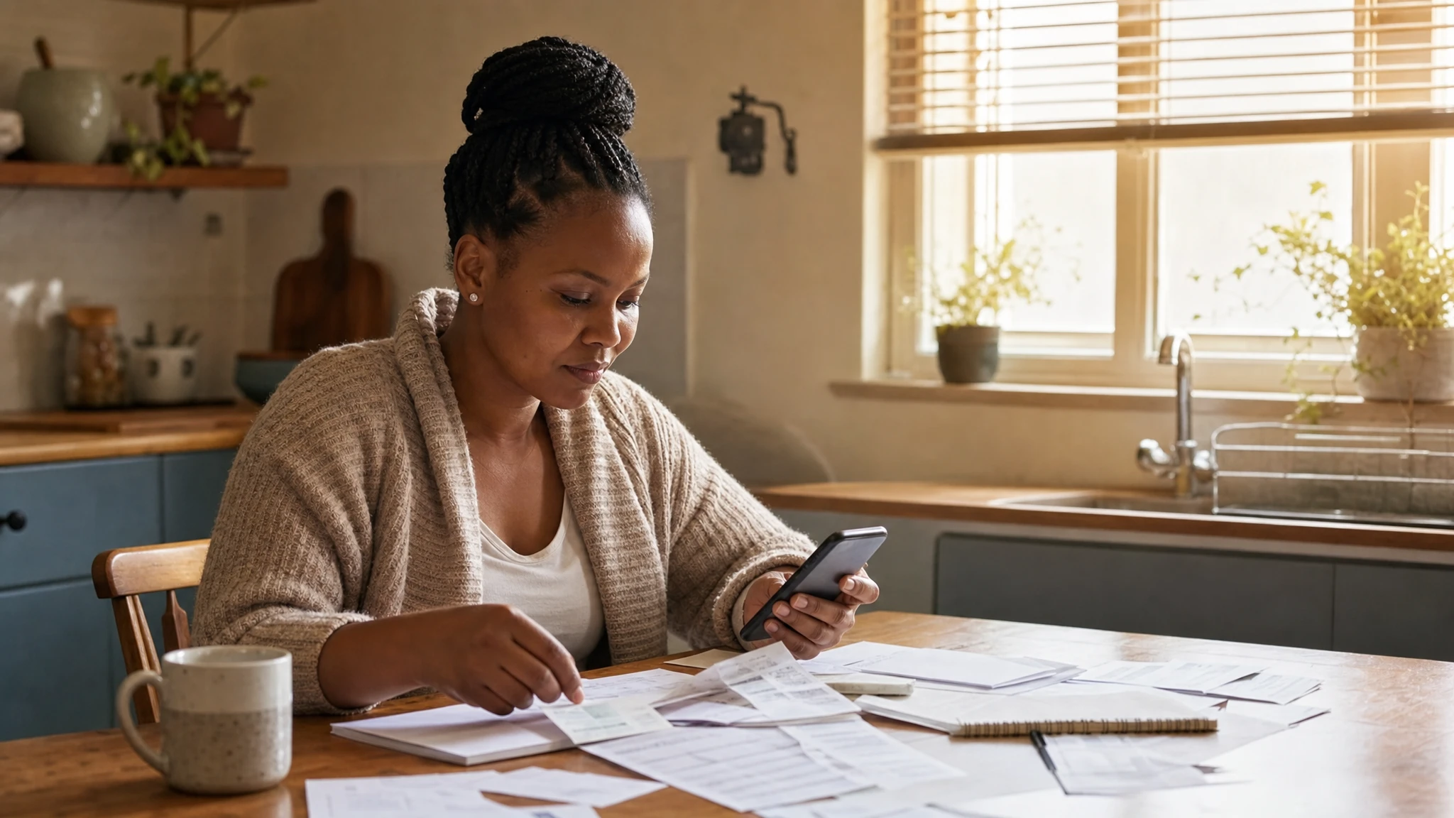 Tirzepatide price South Africa: woman reviewing pharmacy paperwork with a phone calculator at home