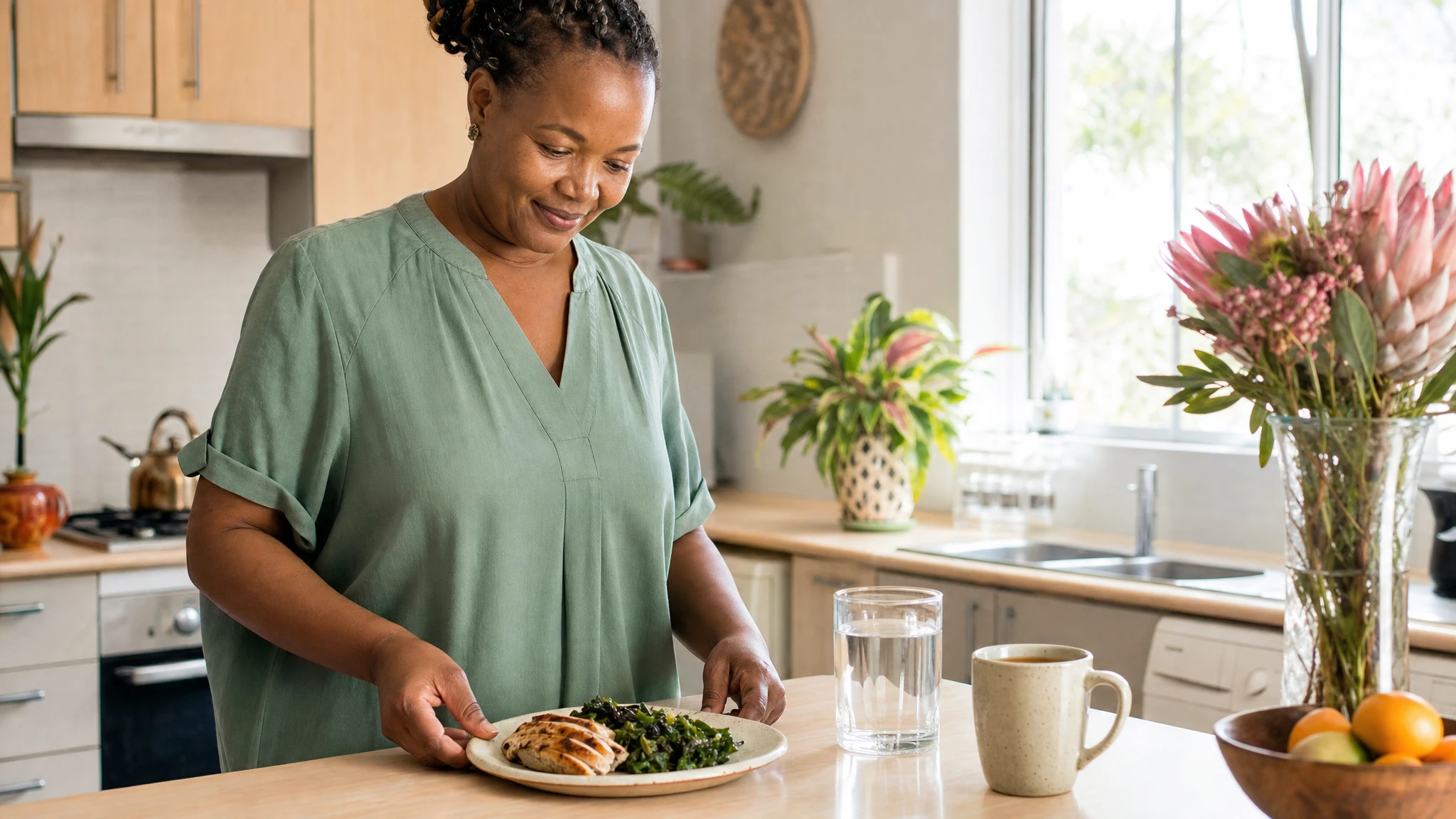 Wegovy side effects: woman plating a small low-fat meal in her bright kitchen