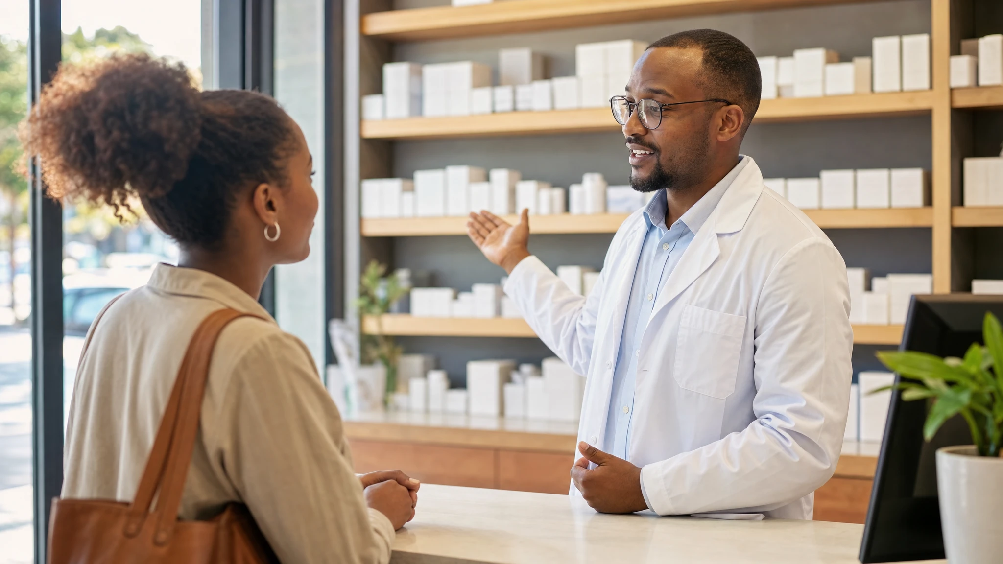 Weight loss pills South Africa: pharmacist advising a customer at a dispensary counter