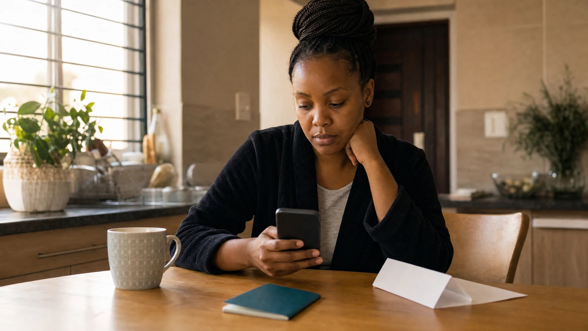 Zepbound South Africa: woman reading on her phone, passport on the table beside her