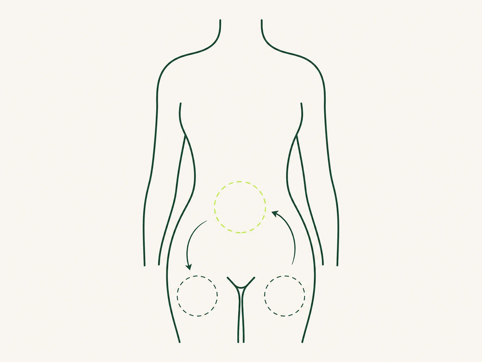 Mounjaro injection sites on a body outline: belly and upper thighs with rotation arrows