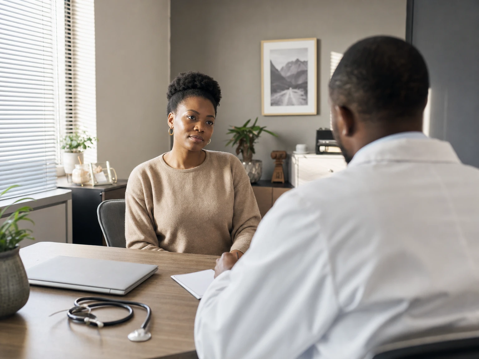A doctor in consultation with a patient, seen from behind at the practice