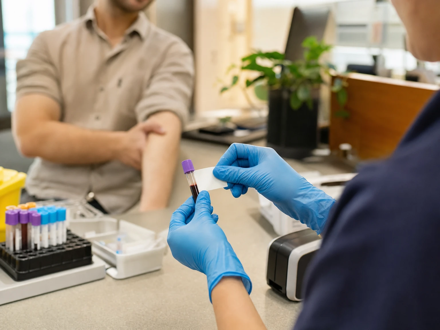 Pathology lab technician labelling a blood sample